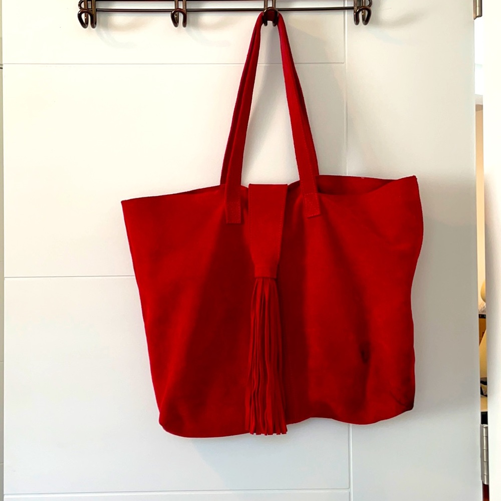Handmade morrocan red suede fringe tote